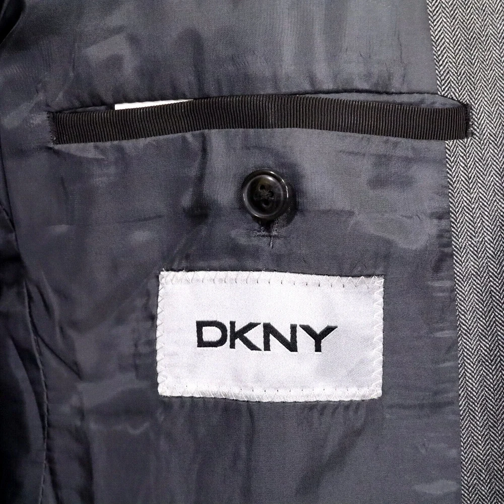 DKNY Sport Coat Mens 42L Gray Wool Herringbone Check Jacket Lined Blazer Career - Picture 3 of 16